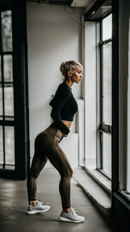 photography of skinny white girl, satin yoga pants, short hair, photographed by nisian hughes, concrete studio, big side windows, fashion photography, bright daylight, raw,