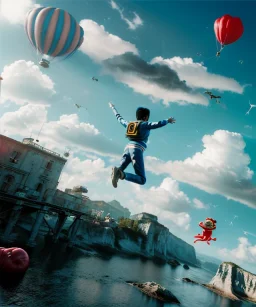 Ultra realistic thriller sky scene, portrait, Childs free jumping flying with trinkets, smile, happy, Wes Anderson style, inflatable color clothing, wind, clouds sea, 20,000 feet altitude, stratosphere, soft color, highly detailed, unreal engine 5, ray tracing, RTX, lumen lighting, ultra detail, volumetric lighting, 3d, finely drawn, high definition, high resolution.