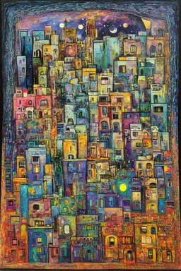The Mansions on the Moon; a painting with an admixture of Paul Klee and Hundertwasser