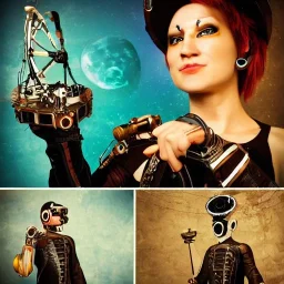 cyborg one man band, full moon background center large, steampunk style, horizontal image, 3d, hd