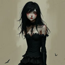 a pretty girl, skinny, dark hair, gothic clothes, dark fantasy, pale, young, art, realism
