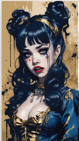 Poster in two gradually, a one side malevolent goth vampire girl face and other side the Singer Melanie Martinez face, full body, painting by Yoji Shinkawa, darkblue and gold tones,