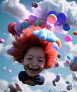 Ultra realistic speed clouds sky scene, wide angle view, child falling down with many Children background, inflatable monsters, circus dress style, feather color, free jumping flying, many trinkets, hair monster, many jelly beans, balls, color smoke, smile, happy, extreme, wind, clouds sea, 20,000 feet altitude, stratosphere, soft color, highly detailed, unreal engine 5, ray tracing, RTX, lumen lighting, ultra detail, volumetric lighting, 3d, finely drawn, high definition.