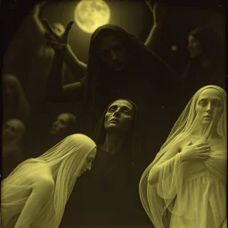 Daguerrotype close up some mysterious figures, odd background, Hieronymus Bosch Max Ernst ambient light, by Minicavio Quollati and Marlost Endgulp, Amano, Botticelli, Alphonse Mucha