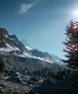 Extreme long shot, Alpes skyline, smooth, god rays, unreal engine 5, ray tracing, RTX, lumen lighting, ultra detail, volumetric lighting