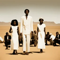 modern art ,In the style of William Klein, extremely thin and malnourished black African people wearing white collar dress in an arid desert landscape, color photography captured in the style of dslr camera. --ar 62:85 --v 6. 0