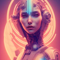 A beautiful portrait of a cute cyberpunk woman, grain on the skin, orange color scheme, high key lighting, volumetric light high details with white stripes and feathers full length clean art NFT, soft lighting, soft pastel gradients, high definition, blender 3d cinematic, op art, visionary art, sacred geometry, fractal, white balanced