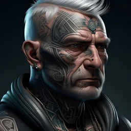 Generate a detailed and realistic digital artwork of a Cyberpunk character. The character is a silver-haired man with a heavily tattooed face. His face should prominently display intricate and futuristic tattoos. There should be a visible row of chipware sockets on his neck, showcasing advanced cybernetic enhancements. The character also wears a monocle seamlessly built into his face. Ensure the overall atmosphere and style reflect the gritty and futuristic aesthetic of Cyberpunk.