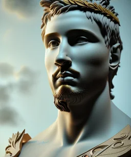 Realistic image, classic sculpture, marble material, Lionel Messi with Laurel wreath model, miguel angel style, God light, god rays, 4k resolution, perfect details, ornate details, soft lighting, unreal engine 5, soft cyan background.