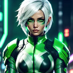 Futuristic Latina white haired soldier, tough beautiful and intense, short hairstyle, green jacket black sportsbra, dark eyeshadow, video game character, anime style