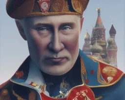 evil Russia president Vladimir Putin is satan with fangs , Moscow in fire