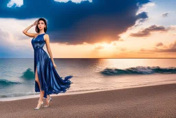 very nice real face beautiful sexy roman with make up at the beach standing pose in a short lace dark blue and silver dress, full body, 3D cloudy sky volumetric nice clouds 8k sharp focus,sunset,golden hour,medium shot