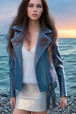 half body shot,realistic portrait of a 20-25 old caucasian model, long blue pink flowing hair, great grey eyes, blue leather jacket,full body, short white skirt,long legs,standing at beach of very nive lake with sunset ,clouds,godrayes