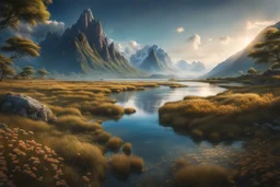 A narrow sea with marshland on one side and mountains on the other. fantasy concept art, exquisite realism, a masterpiece, dynamic lighting, hyper detailed, intricately detailed, deep color, Unreal Engine, volumetric lighting , Epic cinematic brilliant stunning intricate meticulously detailed dramatic atmospheric maximal,