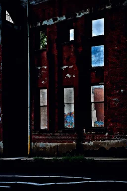 side of an old brick building, with windows, a doorway at the bottom, and across the top is a worn out painted mural