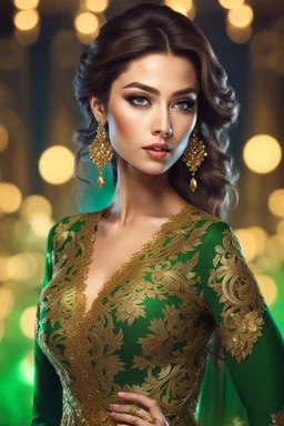 full body Office women, gorgeous, glamours, ,clean face, showing in 4k format, intricate work of magical art, movie poster, full body, gold and green lace dress, in cg society trends, complex, very detailed bright, staged rendering of the character, super high quality model, beautiful face, background in style bokeh