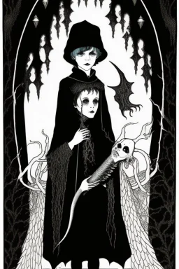 7 year old boy, necromancer, friendly, looks dead,with a long lamprey emerging from his belly , wearing black robes, in the style of Harry Clarke