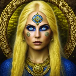 Blue eyed traditional blonde pagan woman art with with runes and nature