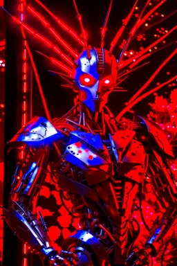 A humanoid being made entirely of sharpened metal blades and spikes with glowing red eyes stands before a mechanical tree. Photograph.