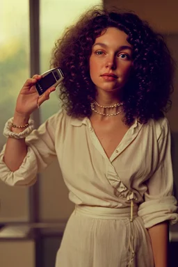 A beautiful woman with curly brown hair, a pensive expression, holding in one hand an old dial phone with the cord wrapped around her body, in a luxurious room in sunshine