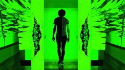 A person walking into a mirror, their body splintering into fractal shardsoutsider art, calotype combineted lime green and random color