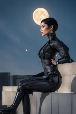 Photo Of A slim Woman With Black Hair, Wearing An android-looking suit, standing sideways On A Ledge of a building, With A waning moon Behind Her Head