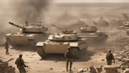 Israeli soldiers and tanks stand on a very large chessboard in the middle of a destroyed city