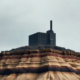 Fotografia di una struttura scura che si erge sopra una formazione rocciosa. La struttura è una sorta di fabbrica, con linee architettoniche squadrate e una torre verticale. La parte inferiore dell'immagine mostra una serie di formazioni rocciose stratificate, con toni che variano dal beige al nero. L'aspetto generale quasi surreale, con forte contrasto tra rocce più chiare in primo piano e massa scura che le sovrasta. Scena dall'atmosfera post-apocalittica o industriale