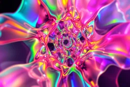 picture of create A hypnotic loop of colored translucent 3D recursive structures evolving and morphing, fluid geometry shifting between organic and geometric forms, iridescent glass material with internal glow,instances must have random translucent matrial smooth camera orbit, galaxy background, seamless motion, cinematic lighting, generative art style, 4k.do with geo nodes zoom out to show whole image