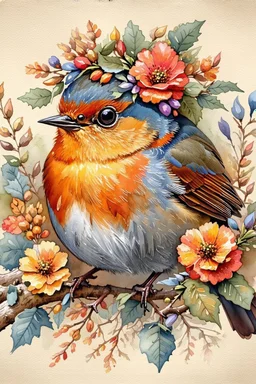 This enchanting, extremely detailed watercolor features a 3/4 closeup portrait of a vibrant Robin, adorned with flowers and a foliage crown, setting on a branch against a heavily textured beige background. nature and whimsy in a botanical style. The piece boasts warm orange and cool blue hues. .