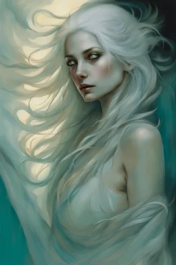 An Enigmatic Woman, Waist-Up View, Back Adorned With Translucent Fabric, Skin Touched With Teal Shimmer, Ethereal Light Glowing, Long White Hair Cascading To Her Shoulders, Artwork By Anne Bachelier, Michael Shapcott, Marc Simonetti, Gracious Face, Charming Eyes, Alex Maleev, Intricate Details, Backlit