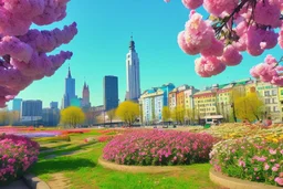 city, flowers, trees, sunny day, spring