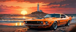 1970s BOSS 302 orange mustang in coastal, front view, sunset, lighthouse, painting style, dramatic lighting