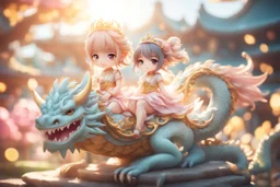 a cute anime chibi princess sitting on a wild chinese dragon and dynamically riding it in sunshine, ethereal, otherwordly, cinematic postprocessing, bokeh, dof