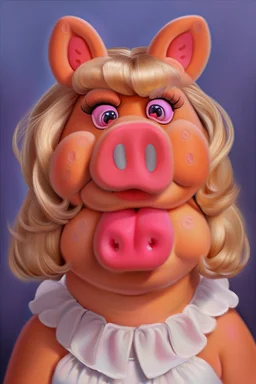 Miss piggy portrait painted photorealism, modern over exaggerated, burlesque, absurdist high brow art, in the style of 90s , jim hensen , puppet portrait, surreal pop art, uncanny, smooth