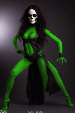 inspired by all the works of art in the world - A Fantastical Heavy Metal Rock and Roll Comedy in 3 notes - Zym Fandell, an extremely tiny, thin, voluptuous beautiful skull-faced Green Martian female with long, black hair, full body image, wearing a skinsuit, Absolute Reality, Reality engine, Realistic stock photo 1080p, 32k UHD, Hyper realistic, photorealistic, well-shaped, perfect figure, perfect face, a multicolored, watercolor stained, wall in the background, hickory dickory Clock