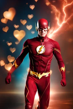 Grant Gustin as The Flash with gold boots - 3D bubbles, 3D hearts, multicolored lightning, aurora borealis, UFOs, Devil's Tower, fireflies, professional quality digital photograph, happy time