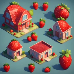 create a strawberry fruits into cartoonist house style model isometric view for mobile game bright colors render game style