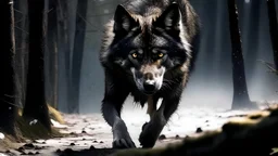 a scary wolf stands on a path in a wild, scary forest