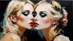 Blonde Pale Very Thin Scandinavian Woman 30yo, Big Eyes, Long Eyelashes And Eye Shadow, on steve Roger's lap kissing :: by Robert McGinnis + Jeremy Mann + Carne Griffiths + Leonid Afremov, black canvas, clear outlining, detailed