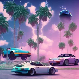 1980's aesthetic vaporwave palm trees and spheres and Porsche with lightning