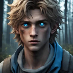 A 19 year old male survivor in an apocalypse. He has messy dark blond hair. He is the protagonist. He is in a forest. He has celestial blue eyes. He gazes down at you, looming above you.