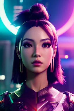Futuristic anime warrior, portrait from waist up, intricate eyeliner, vibrant eyeshadow, clear completion, soft lighting, 4k resolution, intricate details, insanely detailed, colorful cityscape background, masterpiece, expert, cinematic smooth, retroanime style, realistic details, no helmet