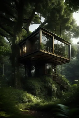 Une petite maison perchée dans les hauteurs d'un grand arbre luxuriant, au cœur d'une forêt dense et mystérieuse. Les détails comprennent une architecture élégante et harmonieuse, intégrée de manière organique à l'environnement naturel, avec des touches de modernité discrètes. L'image devrait capturer la magie de cette résidence insolite, mettant en valeur la connexion entre la structure humaine et la nature majestueuse qui l'entoure.