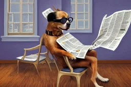 Dog sat on a chair wearing a pair of glasses and reading the newspaper, surrealism, maximalism, dynamic lighting, dynamic movement, panorama, wide-angled lense, DSLR, intricately detailed