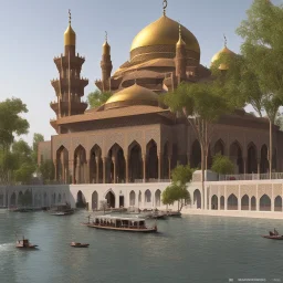 Paradise, a mosque on the river, a Arabian city, realistic, Quran, and cinematic license.