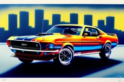 a true-to-life 1969 Ford Mustang Boss 302, centered, intricate, extreme detailed, photorealism, center view, city background, pivot on ford, pen and color marker, painting by cheryl kelley