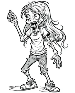 cartoon girl zombie, coloring image, full body (((((white background))))), only use an outline., real style, line art, white color, clean line art, white background, Sketch style