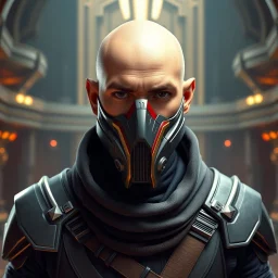 bald male corellian jedi wearing gunmetal grey and black old republic armored flightsuit and breath mask with gold and metallic red trim inside the jedi temple, centered head and shoulders portrait, hyperdetailed, dynamic lighting, hyperdetailed background, 8k resolution, volumetric lighting, light skin, fully symmetric details