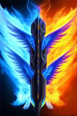 side view blue phoenix flaming wings, balanced, beautiful, smooth, flying